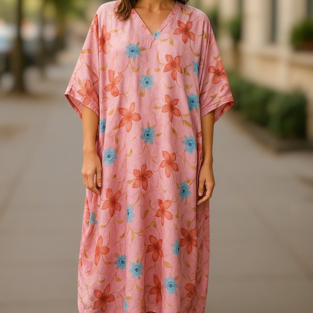 Vanity Fair Vintage 80's Pink Satin Floral Kaftan Mumu Caftan One Size Fits All